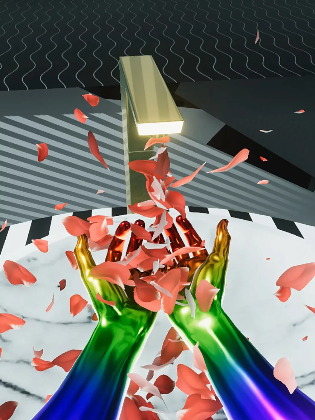 Side-by-side view of VR headset experience and physical installation