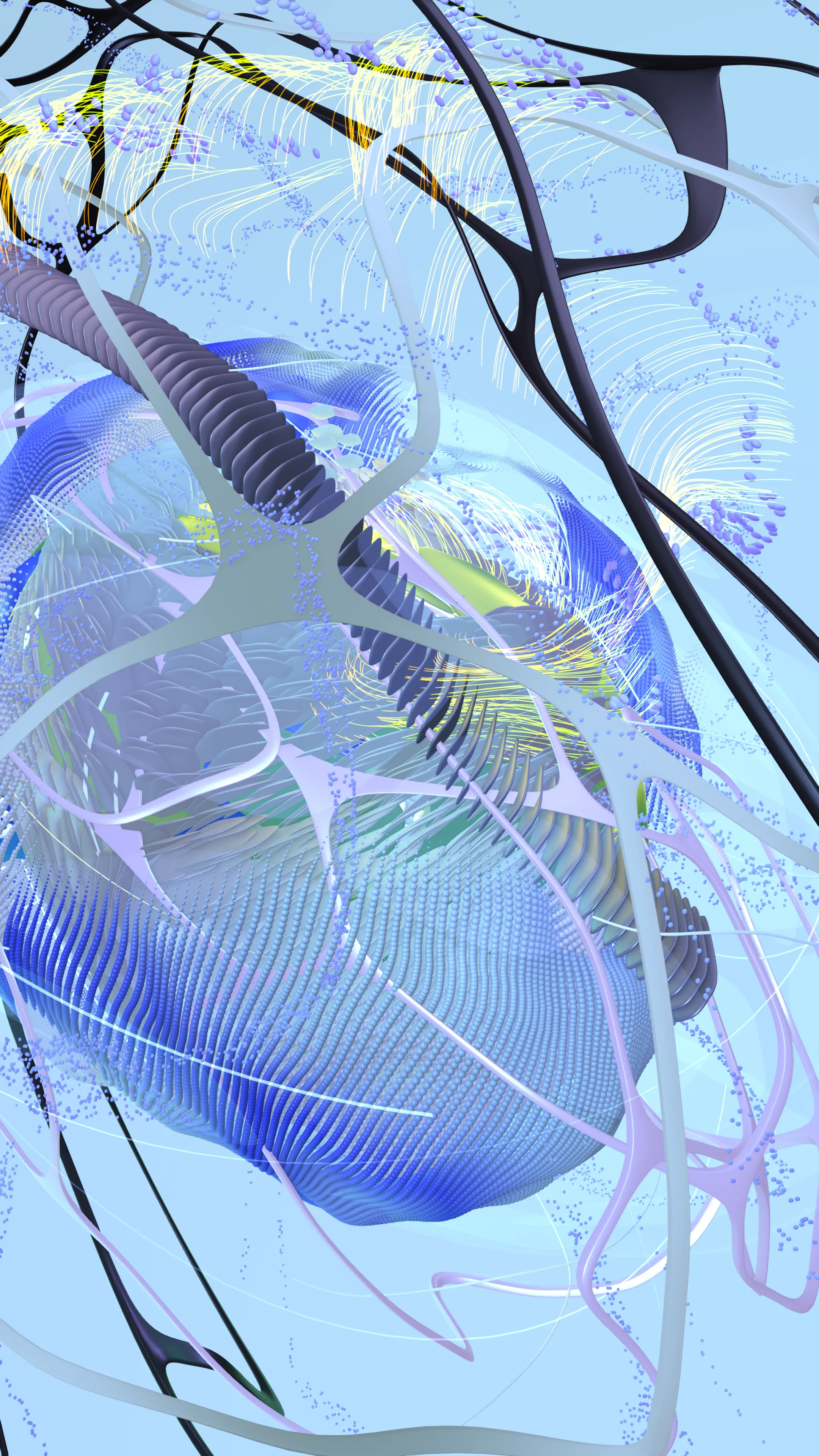 Generative visual system — organic structures with particle streams on light blue ground