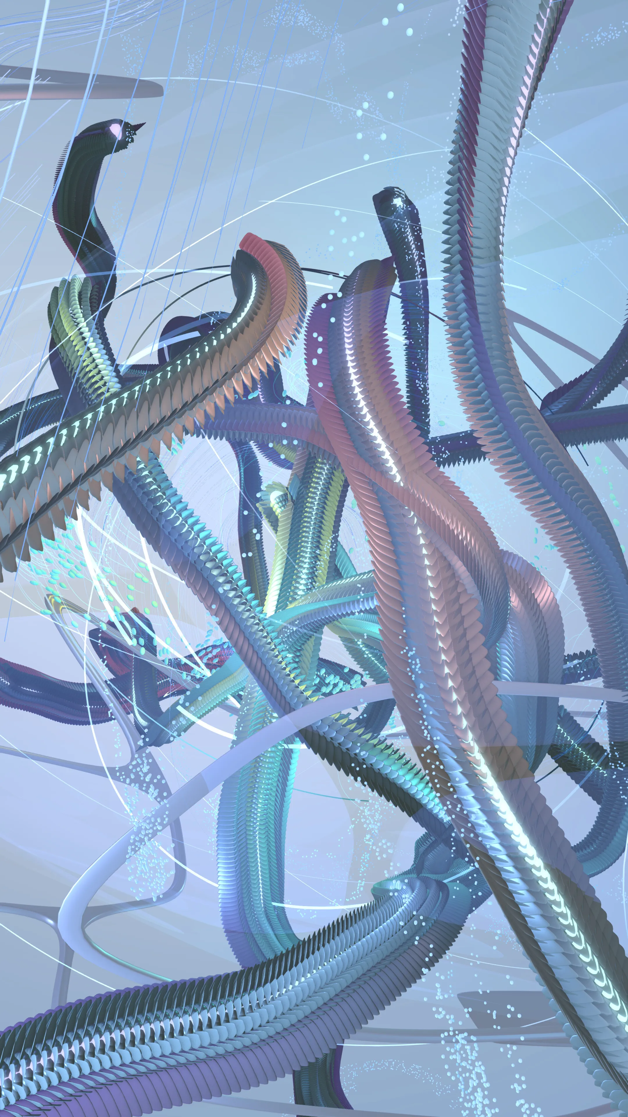 Generative composition — intertwining segmented forms in pastel tones