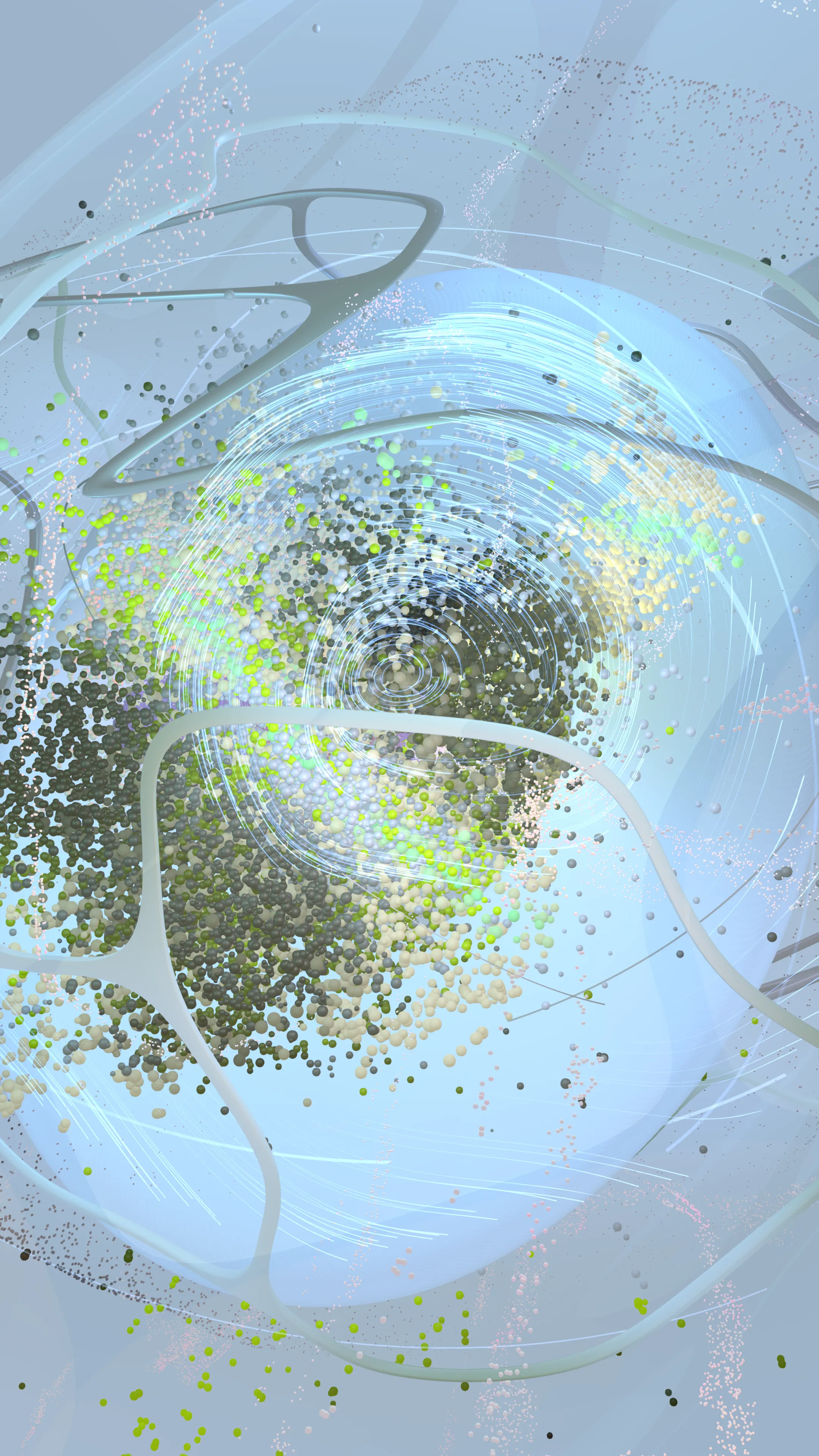 Particle cloud system — swirling data points in olive and green tones