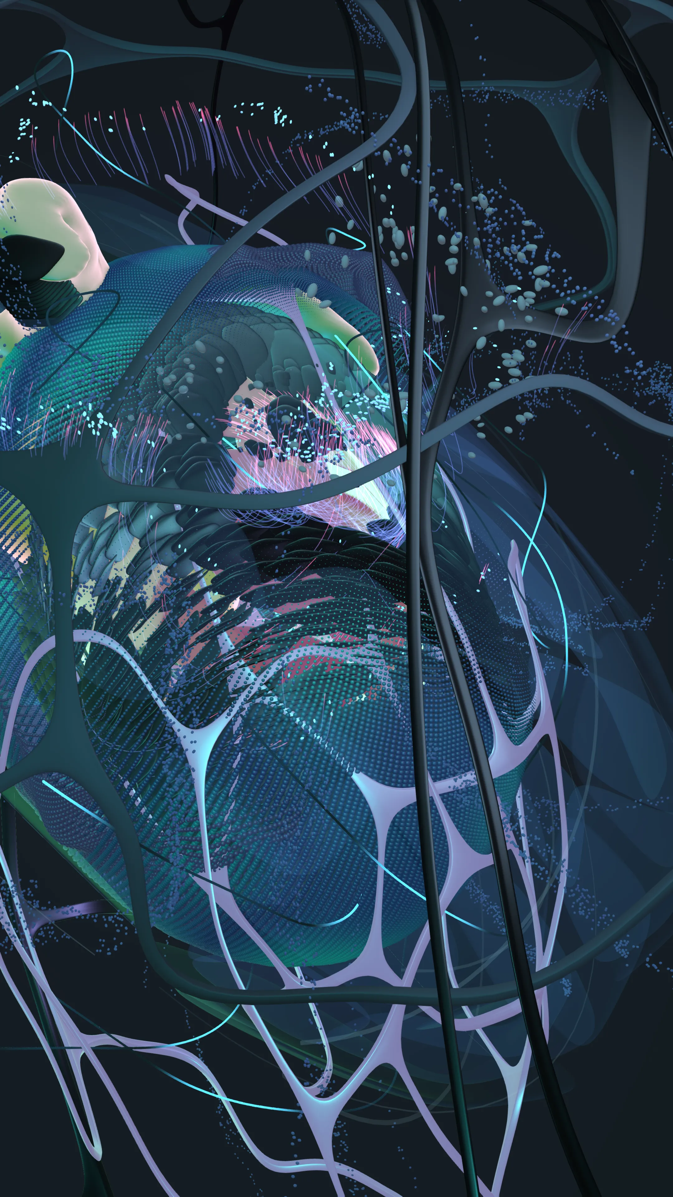 Dark variant — organic sphere with glowing cyan networks and particle bursts