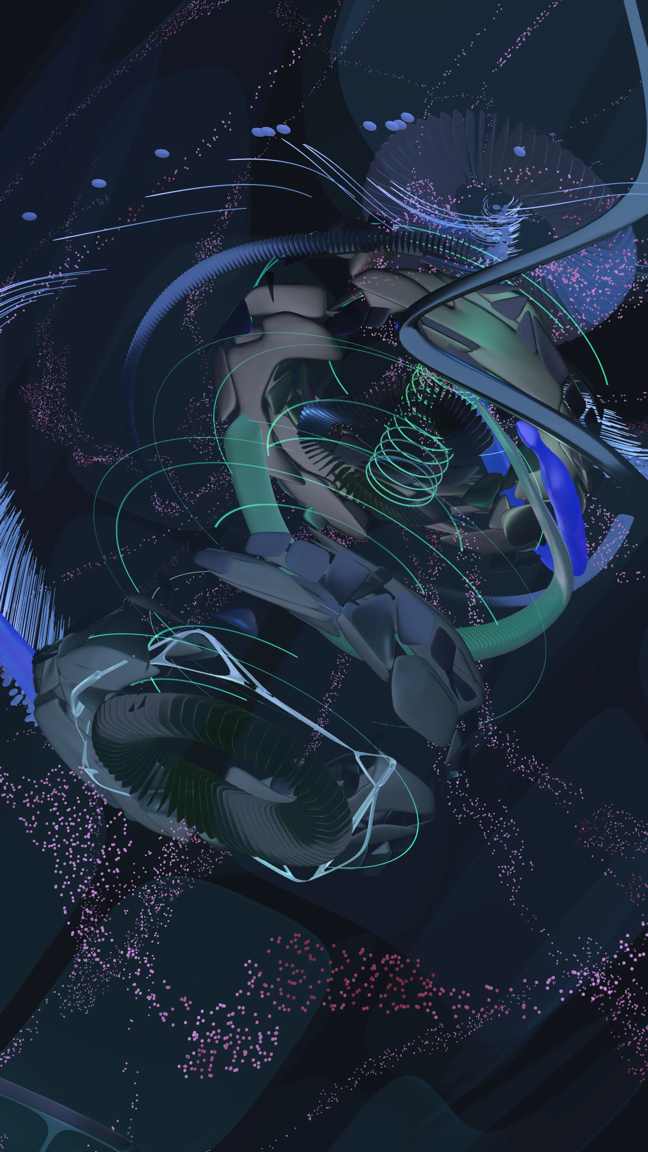 Dark variant — mechanical forms with green orbital rings and pink particles