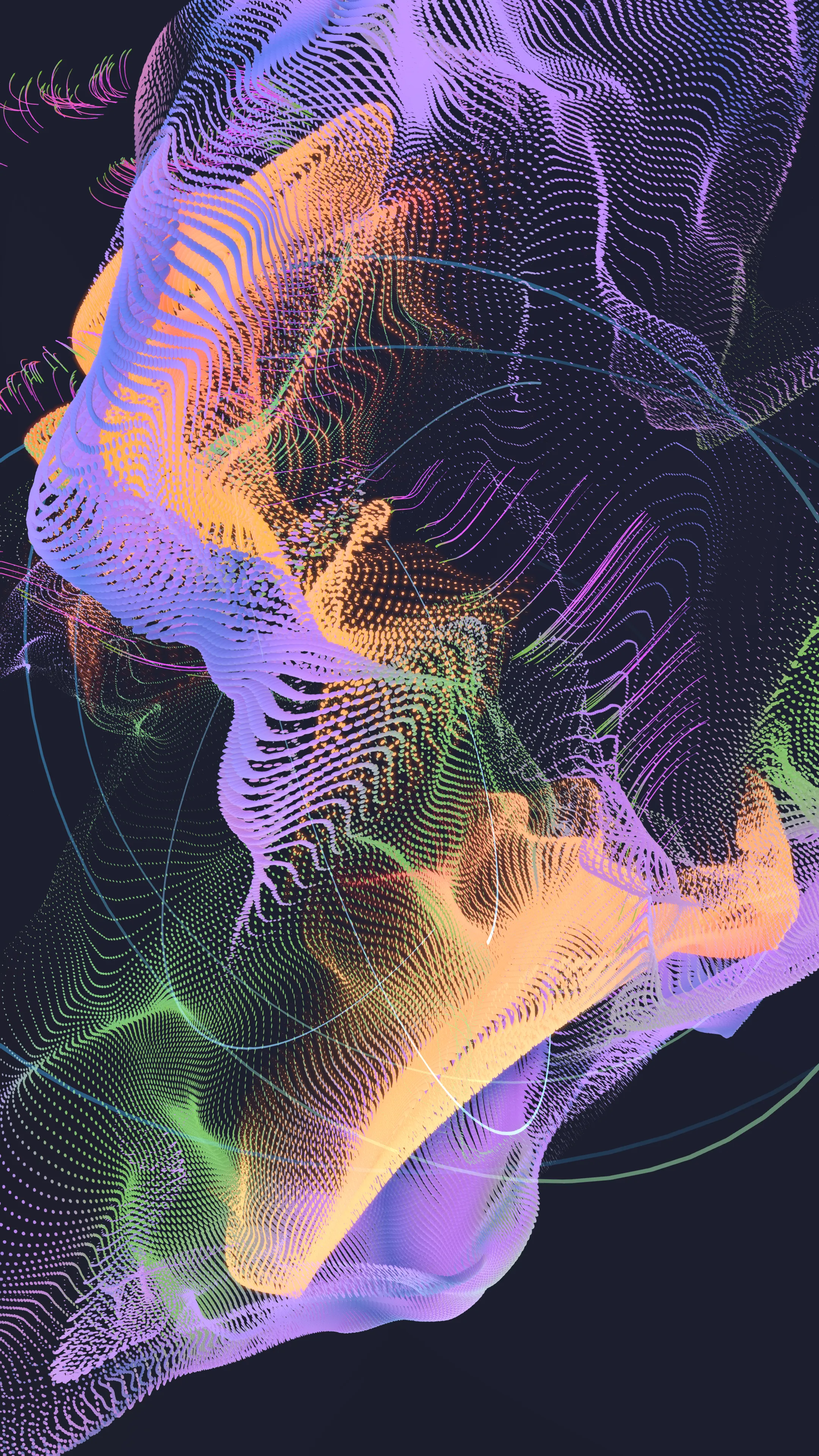 Dark variant — luminous point cloud in purple, orange and green
