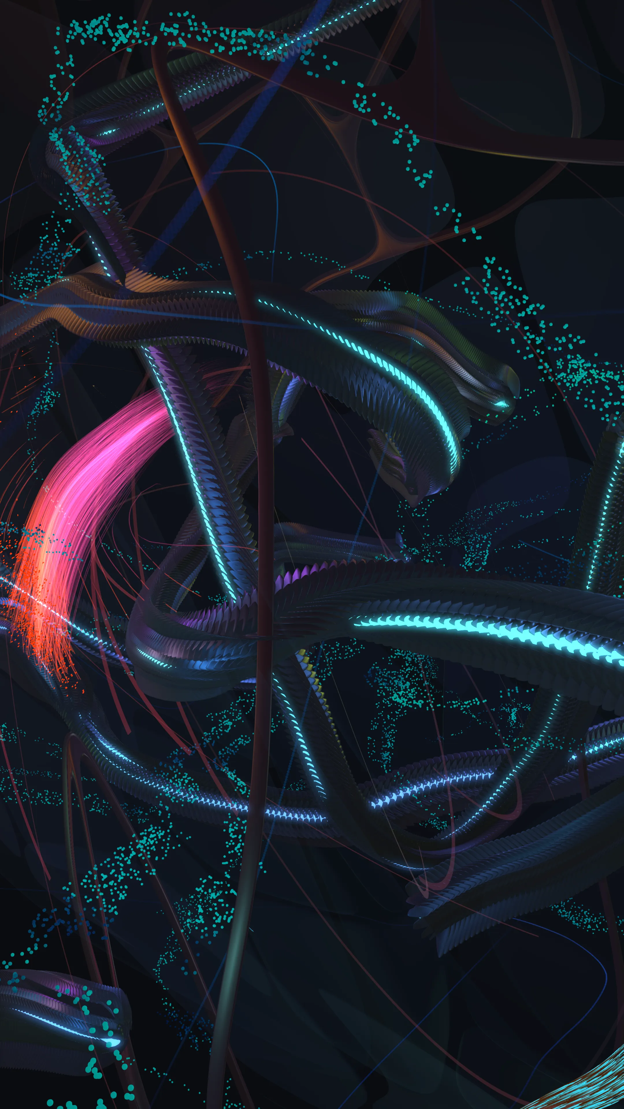 Dark variant — dense segmented tendrils with cyan and pink accents