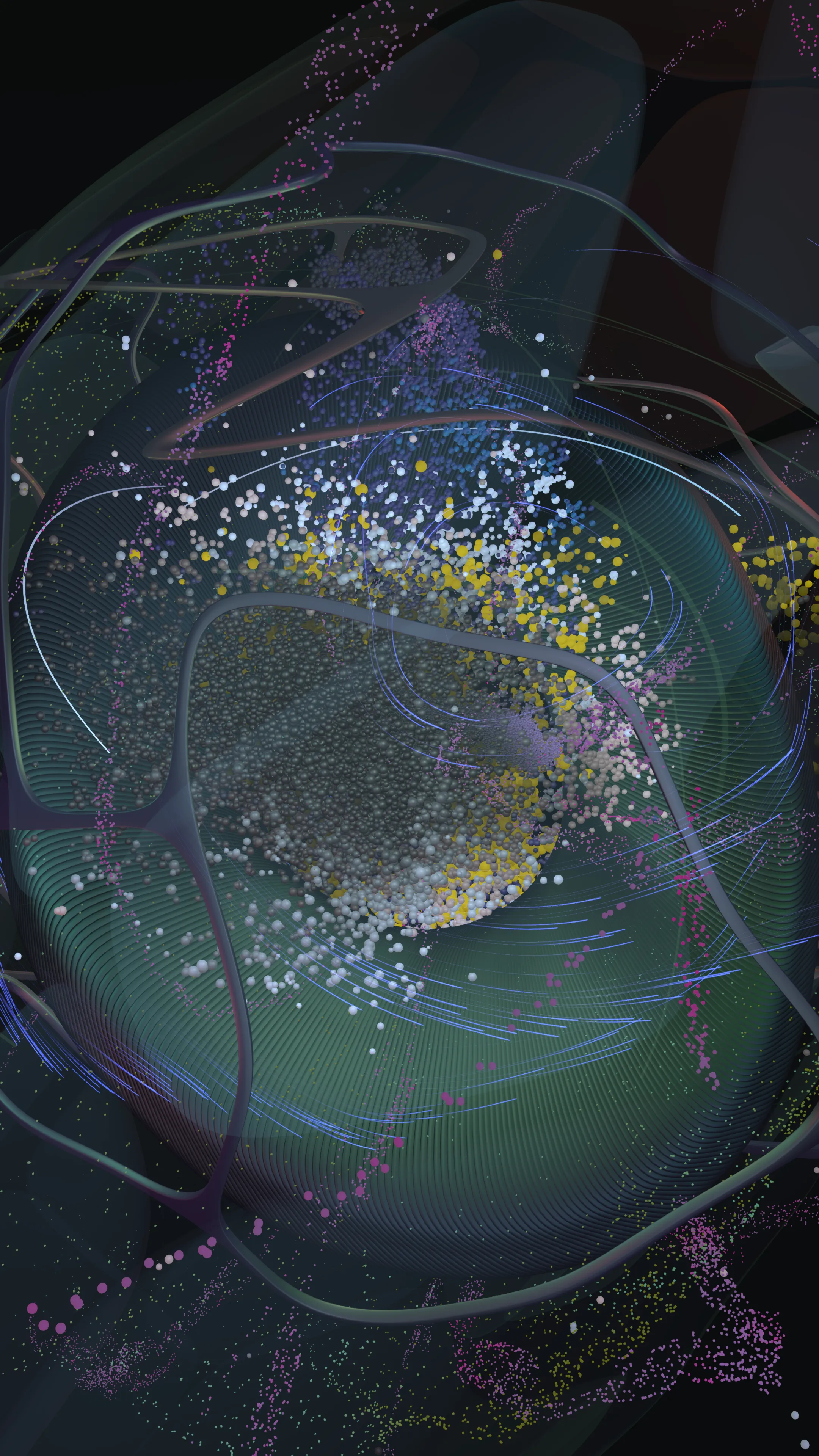 Dark variant — green sphere with particle scatter in pink and yellow