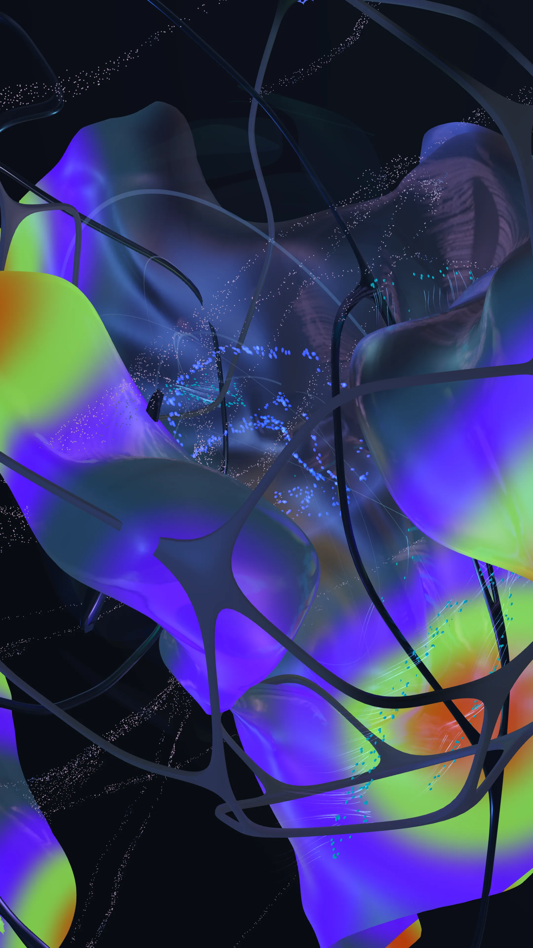 Dark variant — vivid purple and green organic volumes