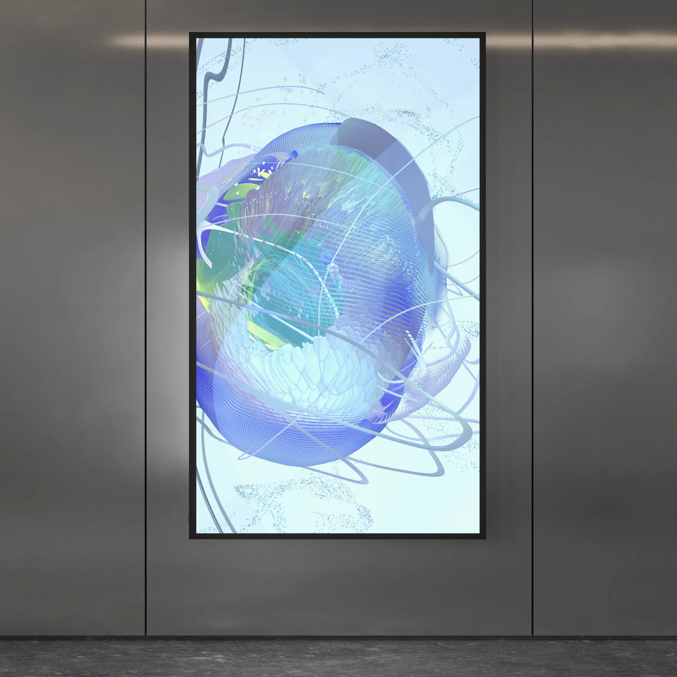 Installation mockup — generative artwork displayed on vertical screen in gallery space