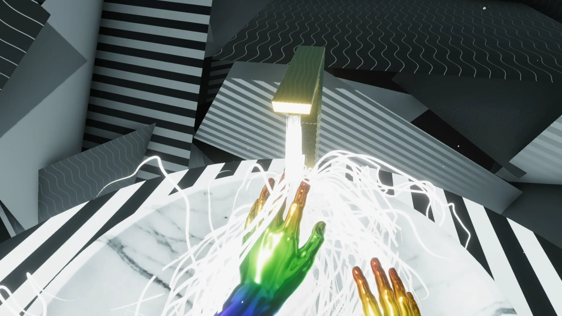 Video still — visitor interacting with water in the VR environment