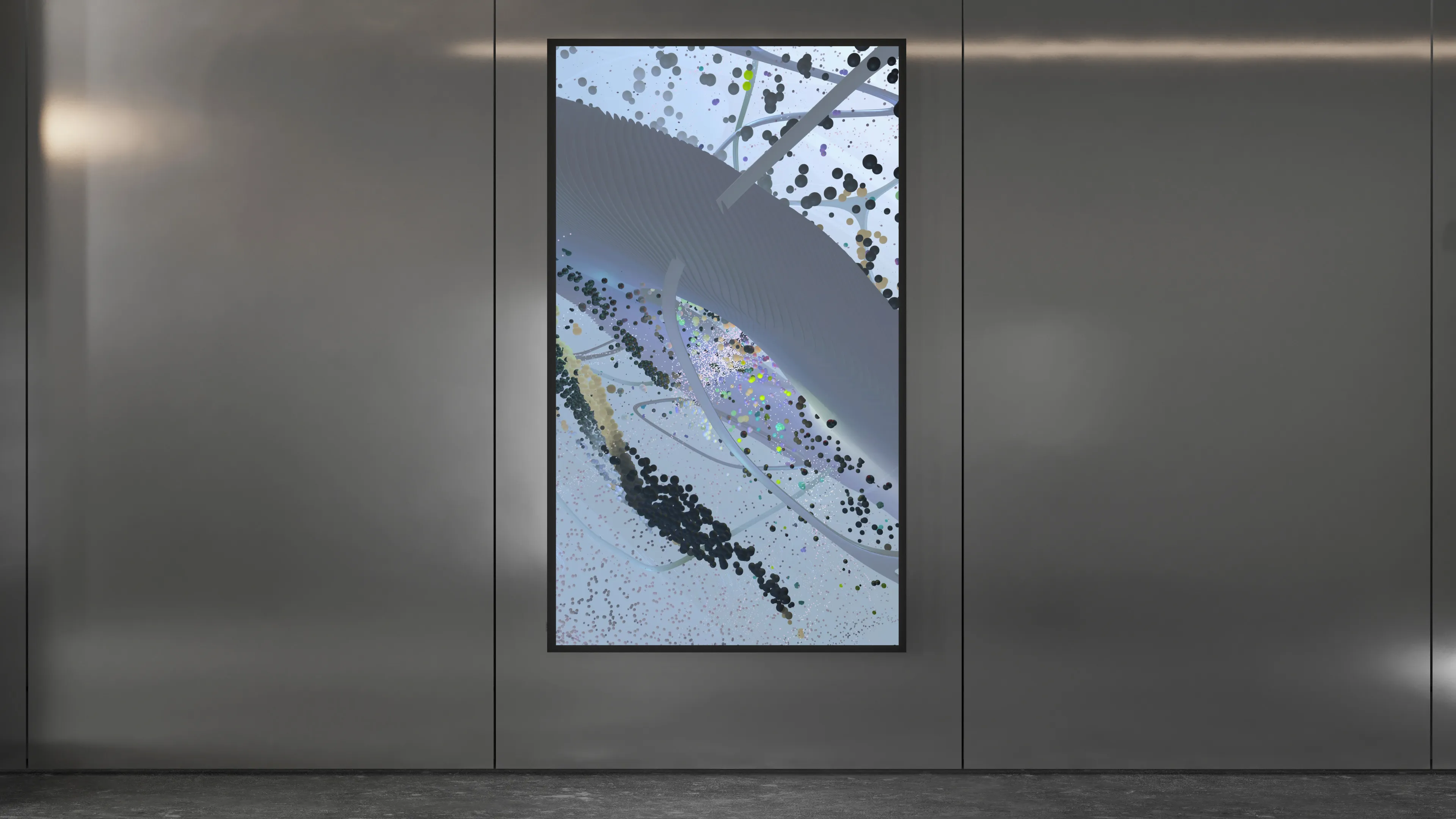 Installation mockup — particle composition on vertical display in minimal interior