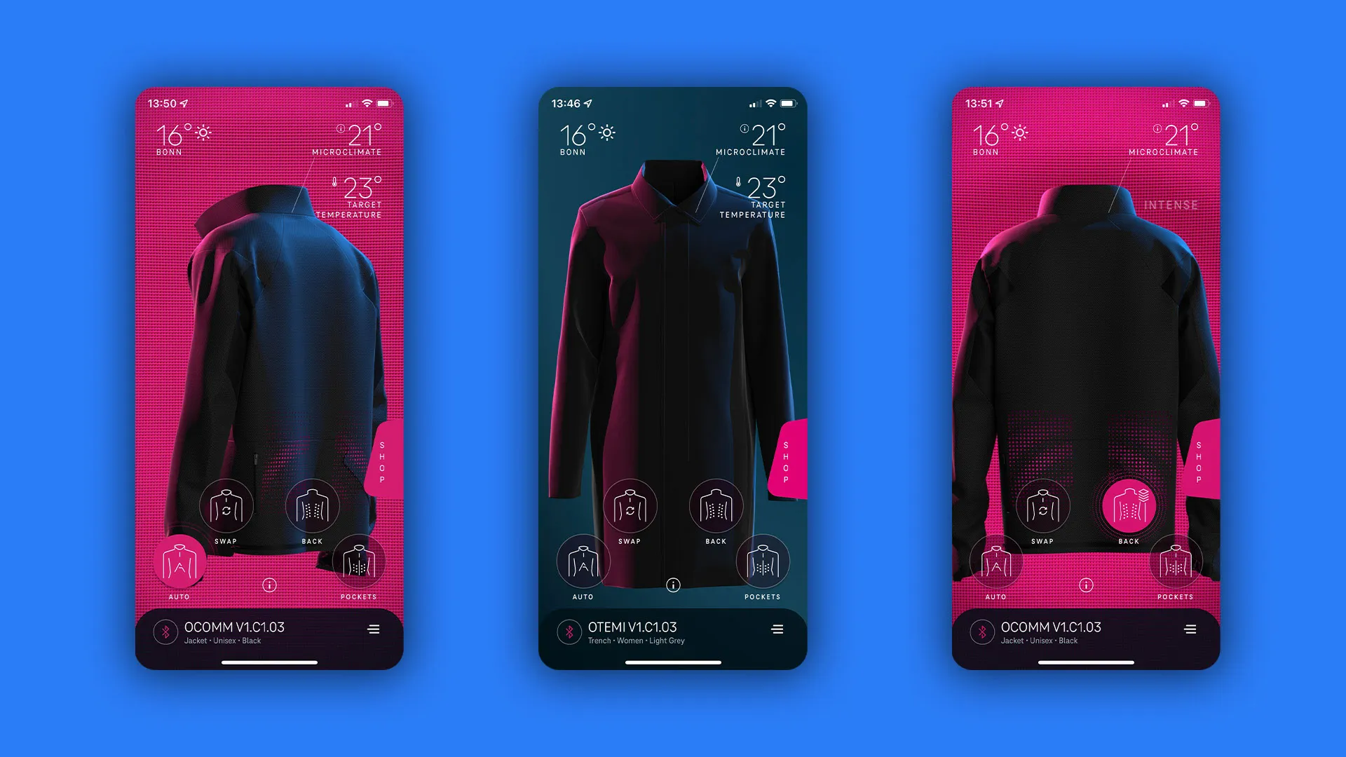 Triple screen mockup of the HCC mobile app interface