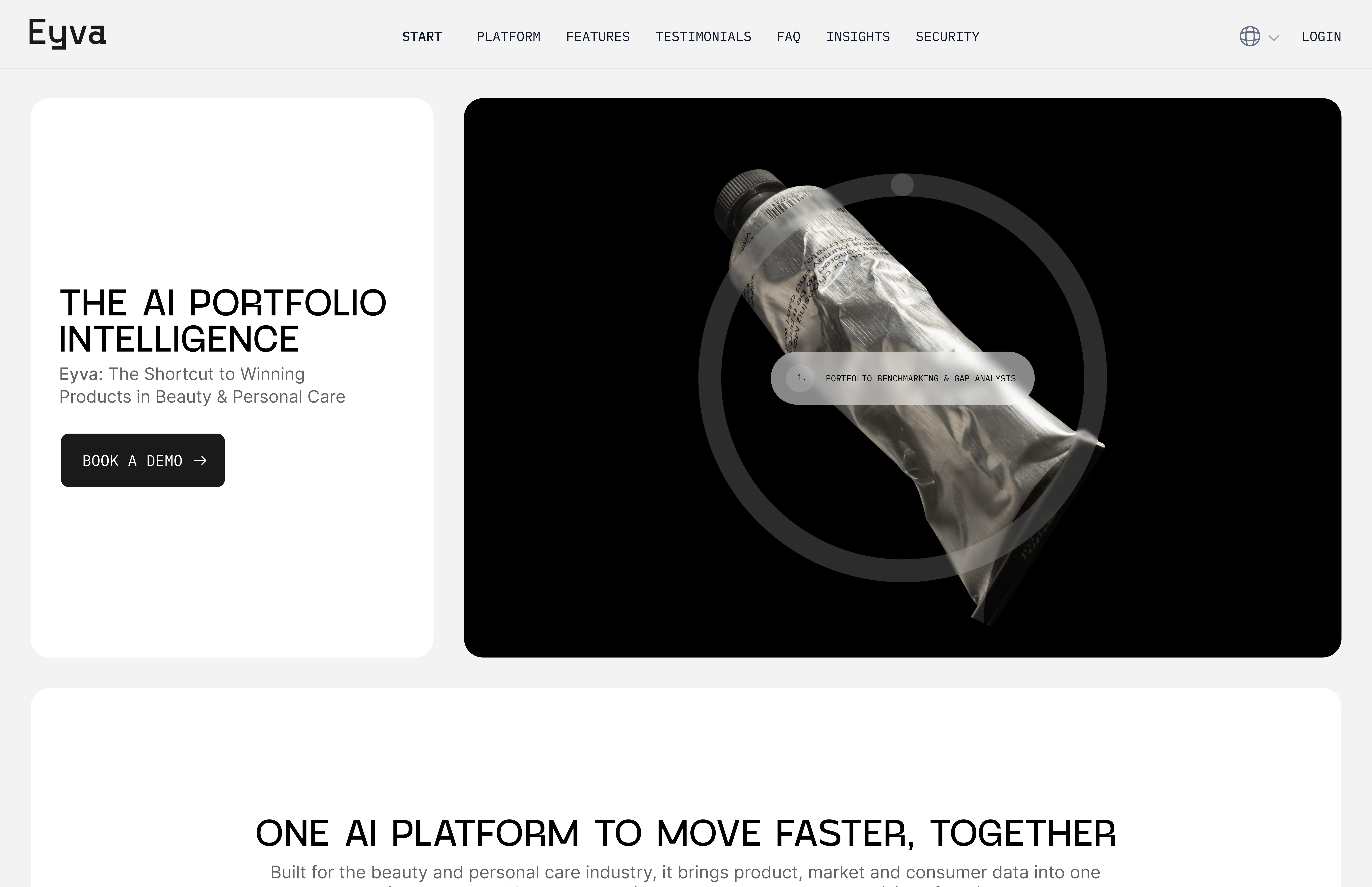 Eyva Website — Startseite der Live-Plattform mit AI Portfolio Intelligence Positionierung